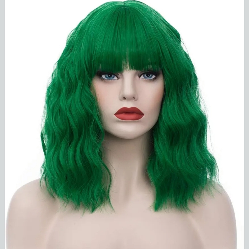 14" Dark Green Wavy Curly Wig, Heat Resistant Synthetic, Cosplay 130% Density